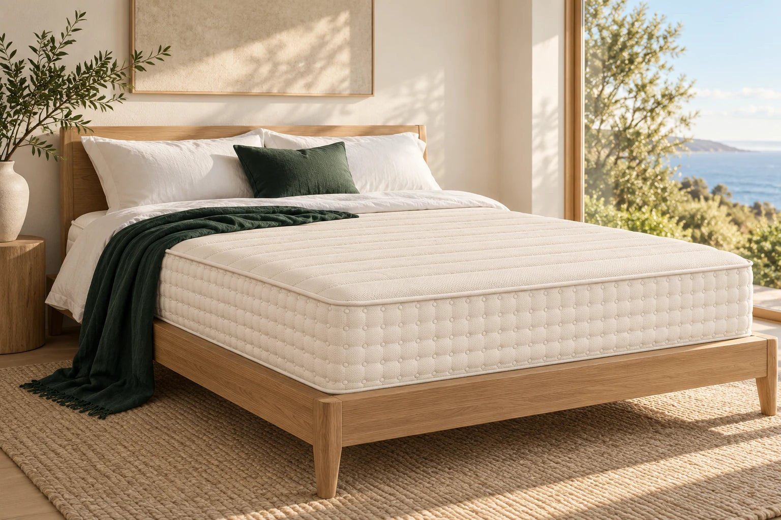 Two-sided Latex for Less mattress in a sunlit bedroom on an oak bed frame